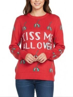 💠Ugly Christmas Sweater Womens Red Green Mistletoe Kiss Me All Over Holiday